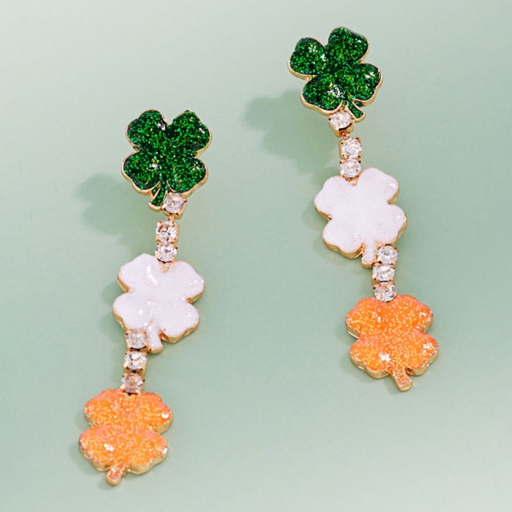 Triple Shamrock Drop Earrings St Patrick’s Irish Day Clover Luck Glitter